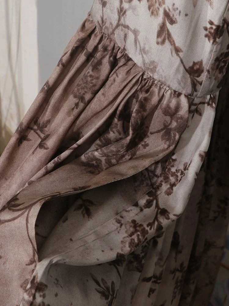 Retro Chinese Sle Print Dr Copper Ammonia Silk Vest Loose round Ne Casual Artistic Skirt Summer Season Women's Dr