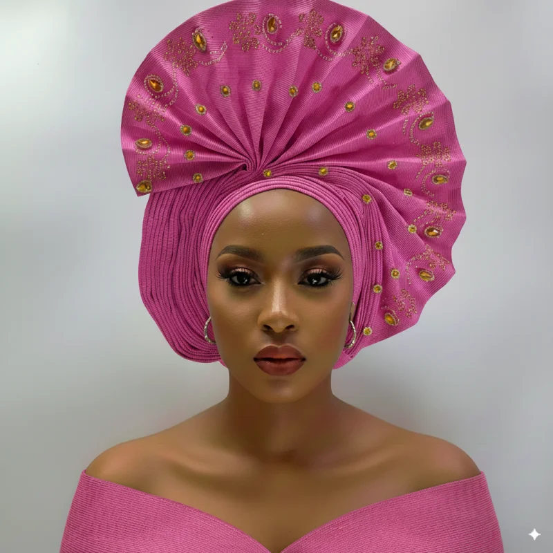 

High Quality African Nigeria Gele Elegant Helmet With Stones Headband Turban Head Scarf Head-Hat Auto Gele Brand New Hats 7L1181