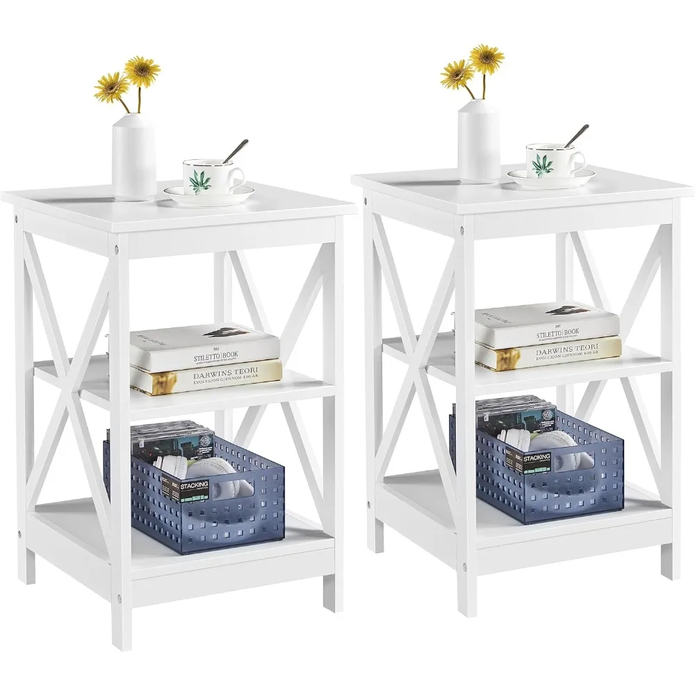 

End Tables Set of 2, 3-Tier Side Tables with Storage for Living Room, Sturdy X Design Wooden Large Sofa Side Table