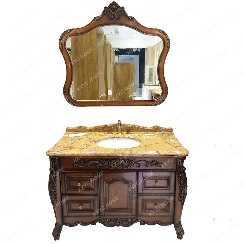 

Antique European bathroom cabinet Oak bathroom cabinet American solid wood bathroom hand wash basin cabinet combination