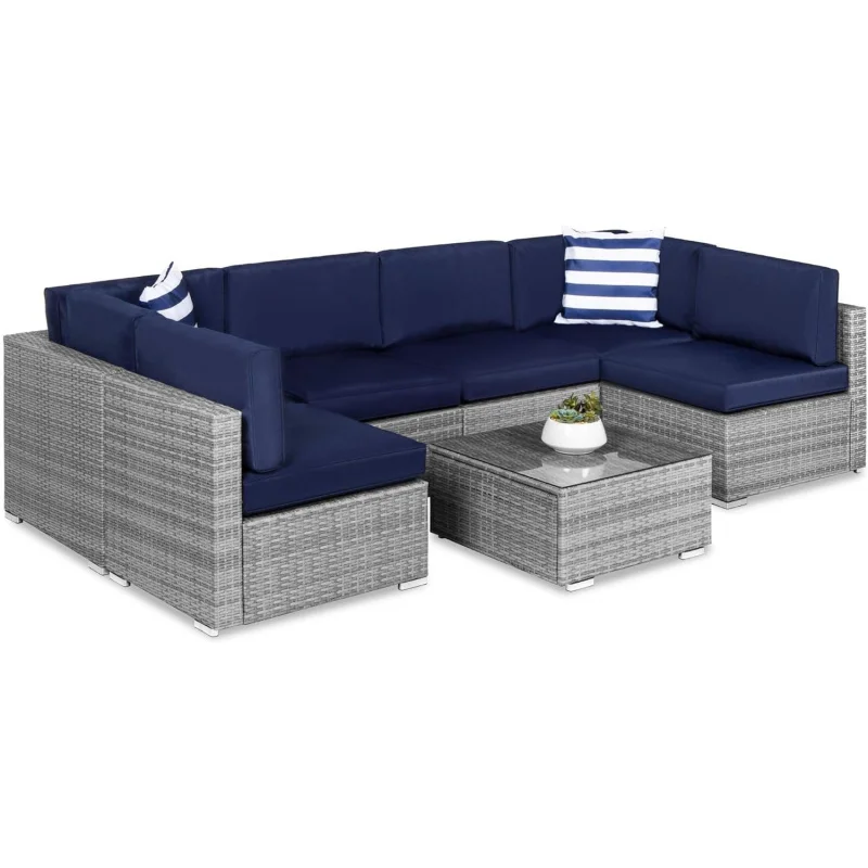 7-Piece Modular Outdoor Sectional Wicker Patio Conversation Set w/ 2 Pillows, Coffee Table, Cover Included