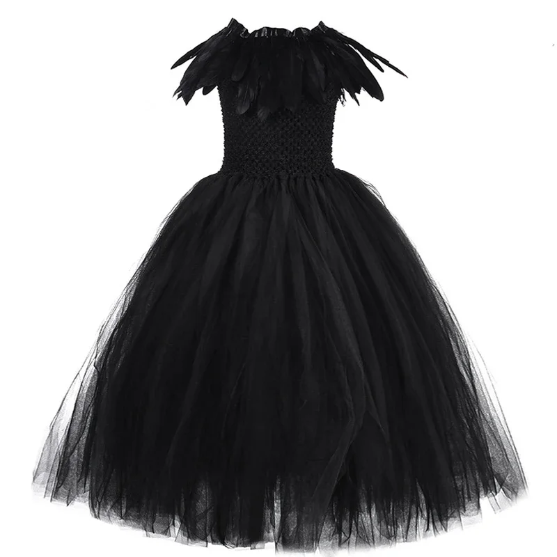 Black Maleficant Long Costumes for Girls Witch Queen Halloween Lined Dresses with Horns Feather Wings Kids Full Length Outfi@0Z*