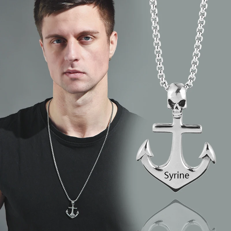 

Personalized engraved name necklace punk skull anchor titanium steel Pendant Necklace men's retro popular jewelry birthday gift