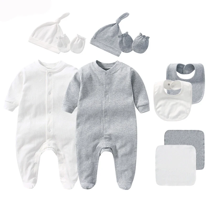 Unisex 5Pcs Newborn Baby Long Sleeve Cute Cotton Romper Jumper + Hats + Mittens+ Bib+Towel Infant Clothes Set