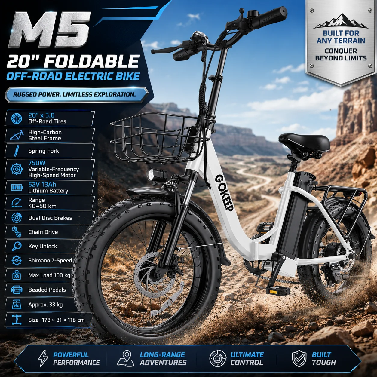 20 Inch Foldable Fat Tire Electric Bike 750W High Speed Motor 52V 13Ah Lithium Battery Shimano 7 Speed Dual Disc Brakes