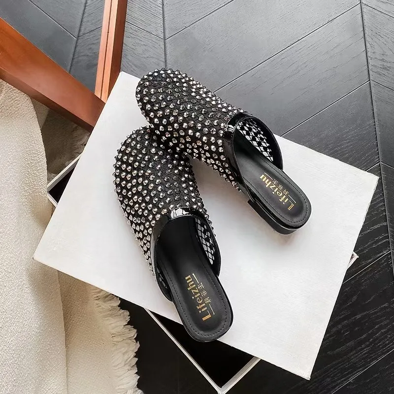 

Mesh Rhinestone Weave Women Slippers Hollow Sandals Mules Casual Shoes Woman 2025 Summer Fad Beach Loafers Slides Dress