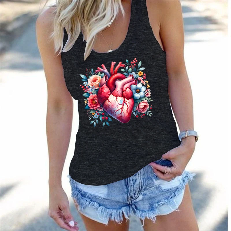 Sleeveless Suspenders Women's Floral Heart Aesthetics Tees Funny Cardiac Nurse Gift Shirt Plant Style Heart Racerback Tank Tops