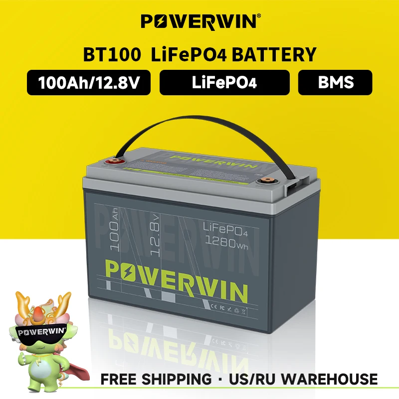 POWERWIN BT100 12.8V 100Ah 1280Wh Off-grid Inverter Built-in BMS LiFePO4 Battery Solar Power 4000+Deep Cycle Fish Radar Detector