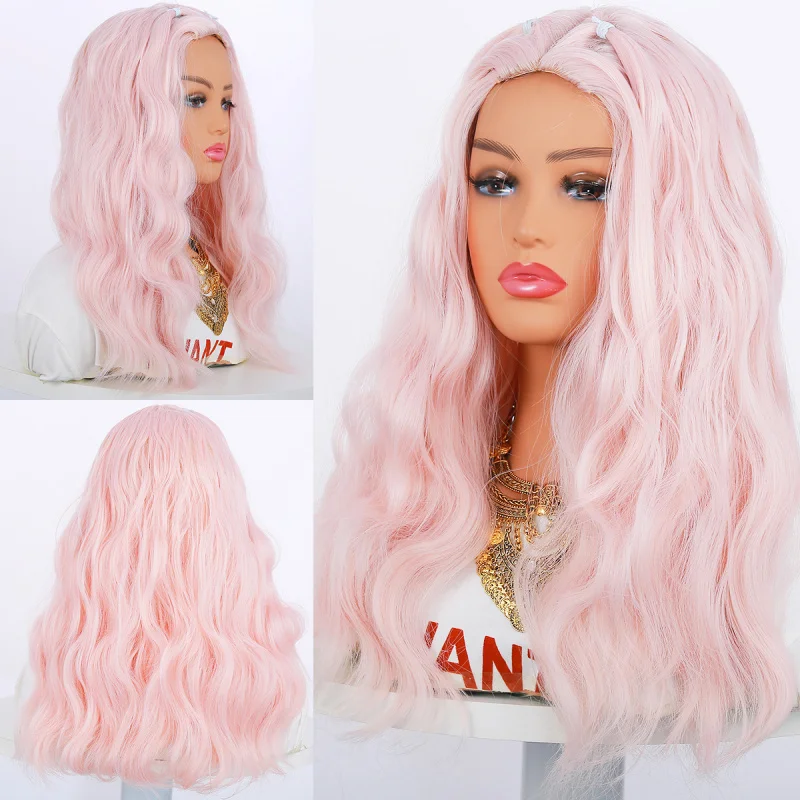 

Розовая средняя часть, длинные вьющиеся волосы, маленькие кудри, волнистый парик, розовая сетка, синтетическая шапочка для парика