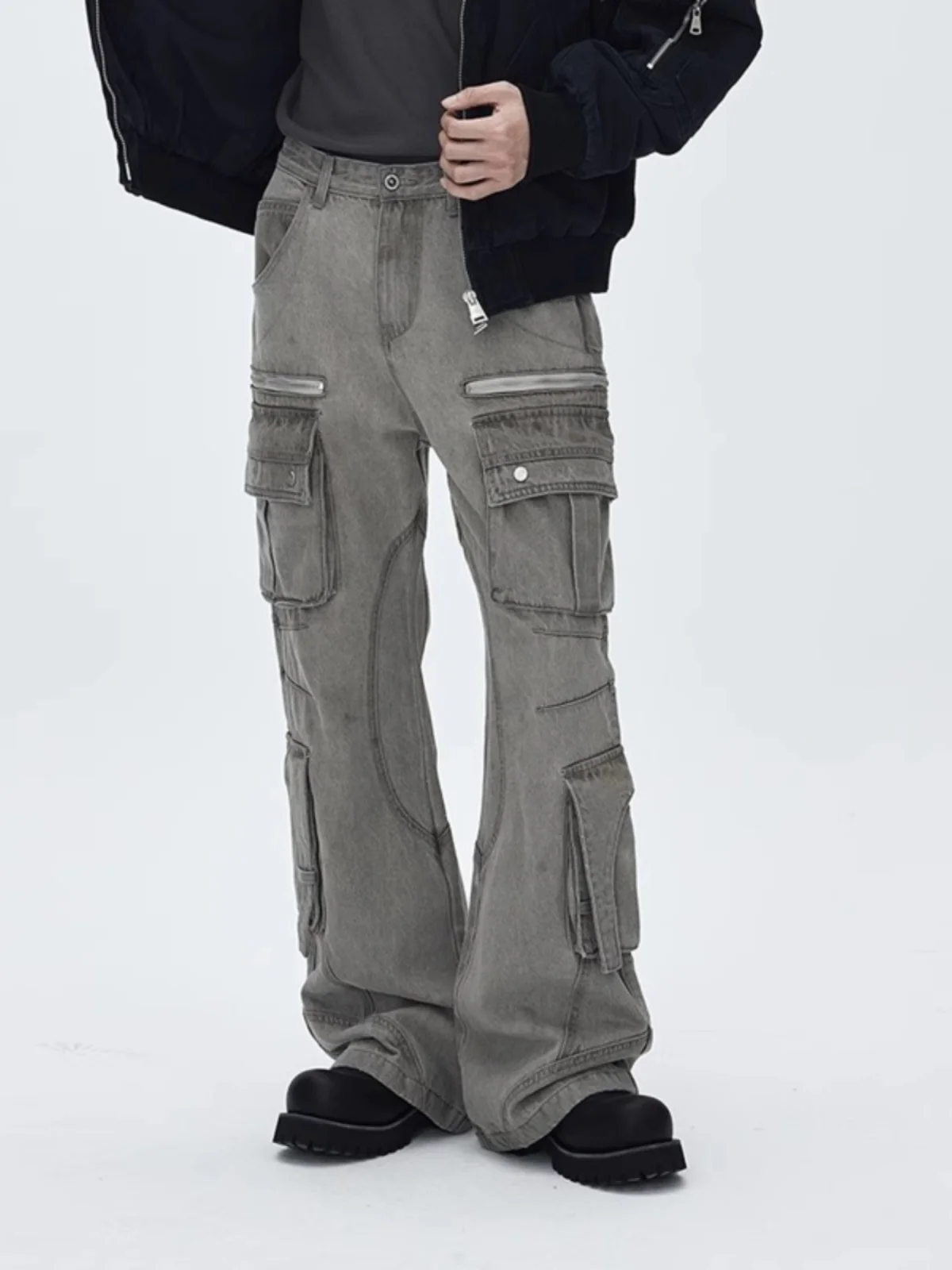 

American High Street Heavyweight Multi-Pocket Cannon Jeans Men's Casual Street Zip Design Workwear Long Trousers