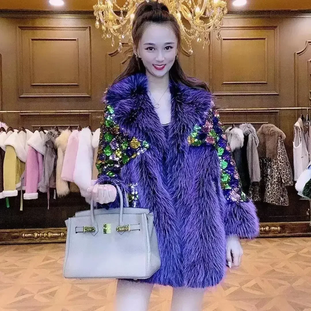 Winter Womens Faux Fur Coat Color Big Fur Collar Sequins Flurry Jacket Luxury Mid Long Plush Coat Fashion Purple Furry Overcoat