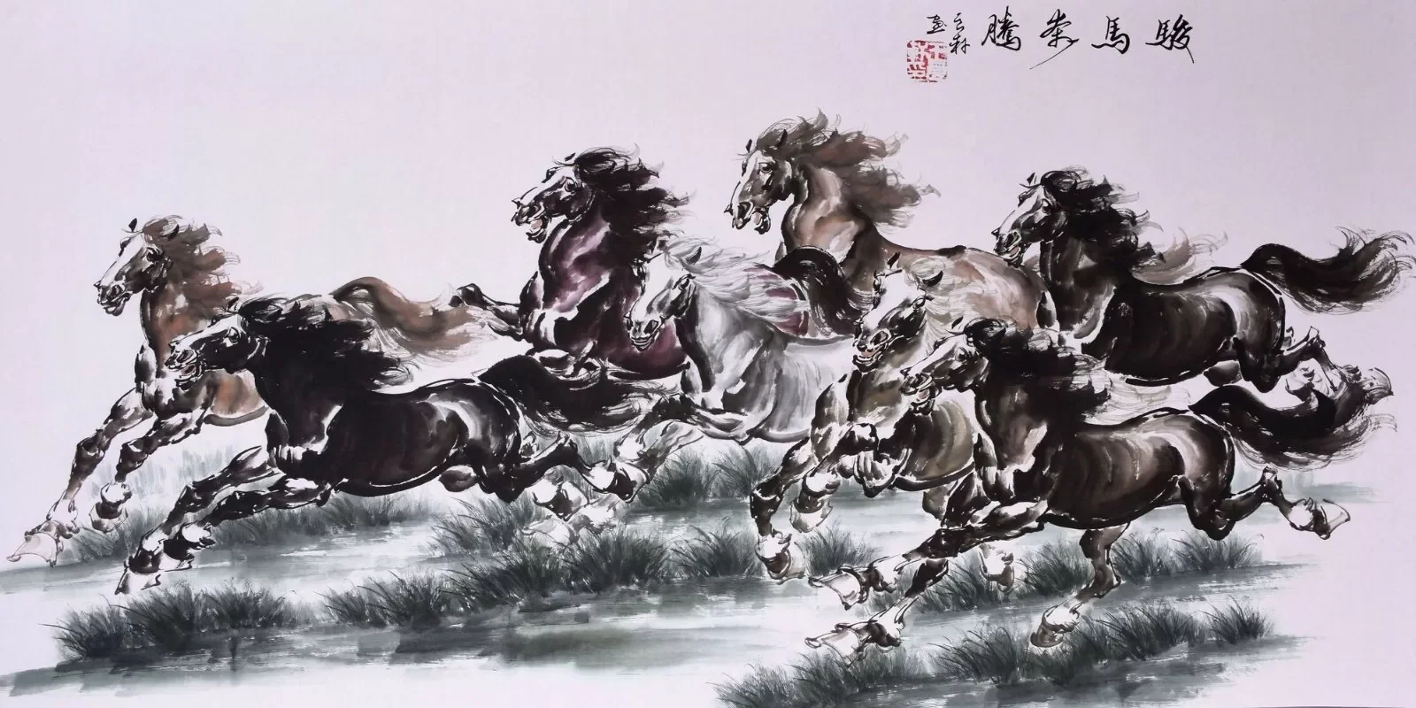 

ORIGINAL ASIAN ART CHINESE FIGURE PAINTING Running horses Art Picture Print Silk Poster Living Room Decor Home Wall