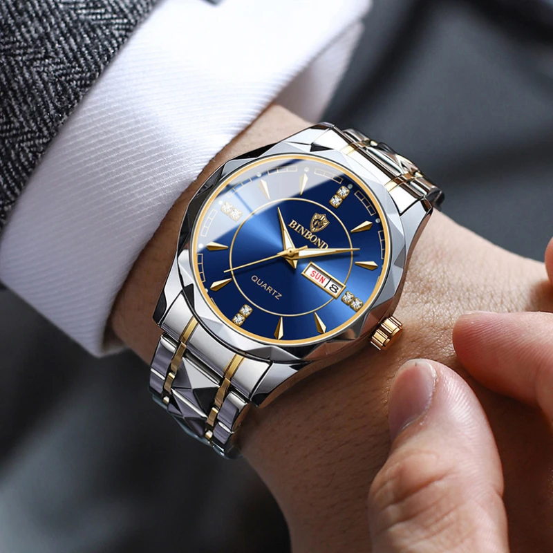 Reloj dorado de acero inoxidable para hombre, cronógrafo de pulsera deportivo de lujo con botón pulsador, cierre oculto, resistente al agua, luminoso, fecha y semana