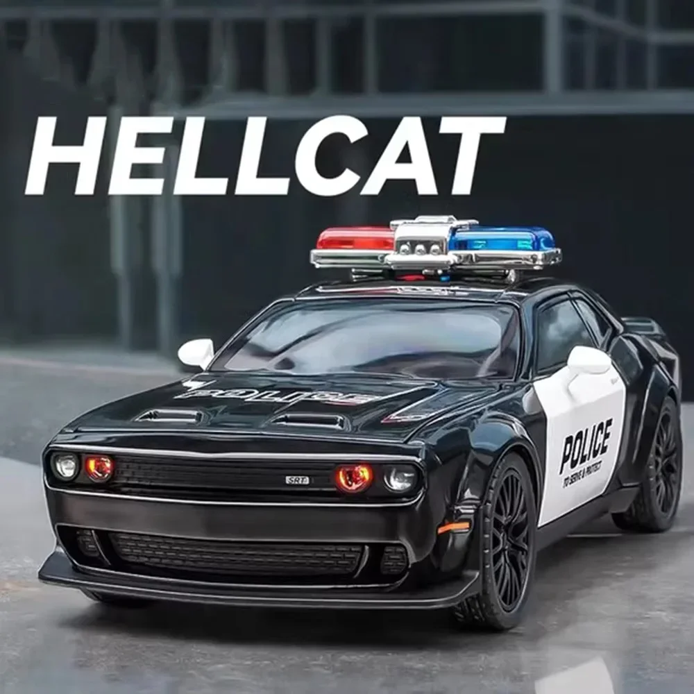 

1:24 Challenger SRT Hellcat, полицейский автомобиль из сплава, литая под давлением модель игрушки, рулевое управление спереди, звук, свет, откатные автомобили для детей, подарок