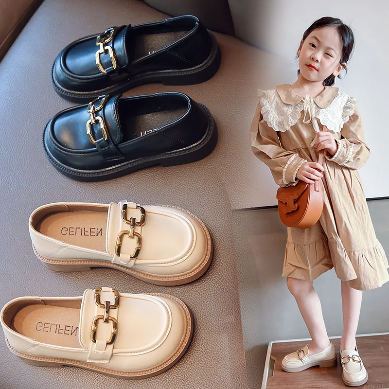 2026 for Children Platform Black Patent Leather Chain Fashion Boys Girls Flat Shoes Four Season Elegant 26-36 Kids Shoe