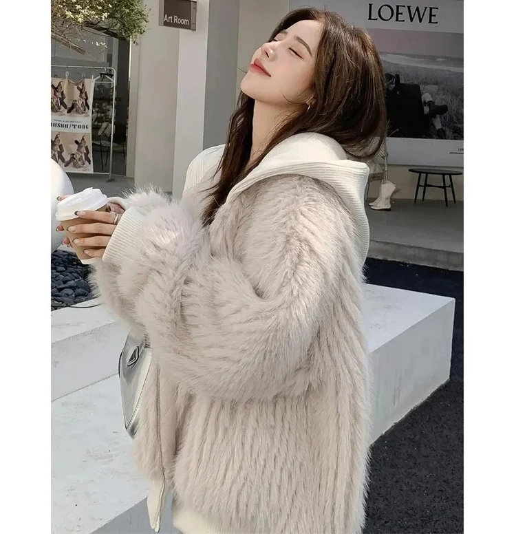 

2025 Winter Thickened and Velvet Lamb Wool Hooded Rabbit Hair Faux Fur Fur Coat Lamb Wool Coat