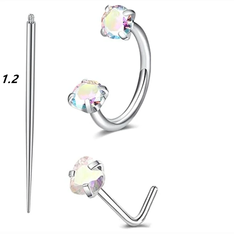 6/2 Stück Hufeisen-Nasenringe mit L-förmigem Nasenstecker, Edelstahl-Nasenring mit Regenbogen-CZ, Lippen-Augenbrauen-Helix-Ohrpiercing