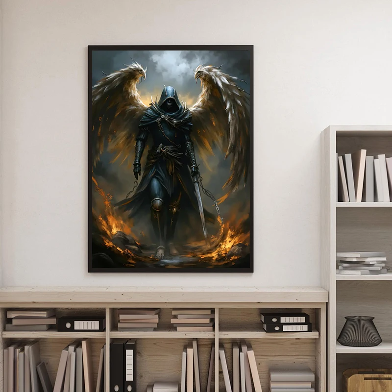 Angel Knight in Prayer Winged Warrior in Armor with Sword Poster Canvas Painting Print Wall Art Picture Living Room Home Decor