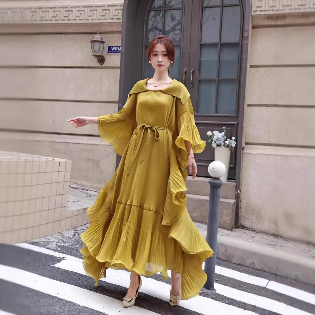 Miyake Plisowane Francuskie Eleganckie Sukienki Plus Size Damskie Plisowane Sukienki w Jednolitym Kolorze Wyszczuplające Sukienki Plus Size Elastyczne Sukienki na Bal 2025 Nowość