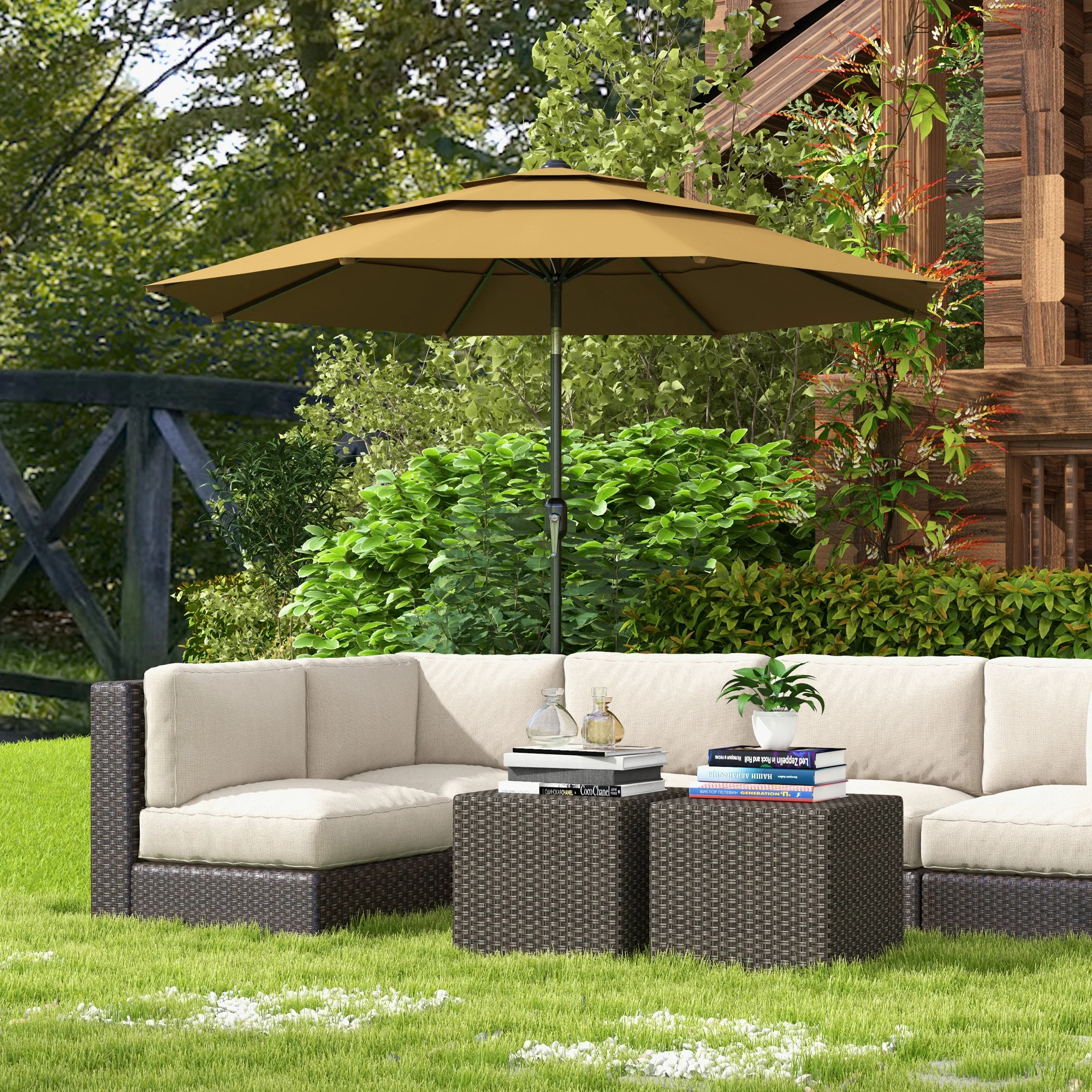 9FT 3 Tiers Outdoor Patio Umbrella with Crank, Push Button Tilt for Deck, Backyard and Lawn, Tan