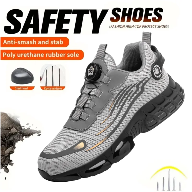 

Men Rotating Button Safety Shoes Steel Toe Work Sneakers Indestructible Shoes Puncture-Proof Work Boots Air Cushion Safety Shoes