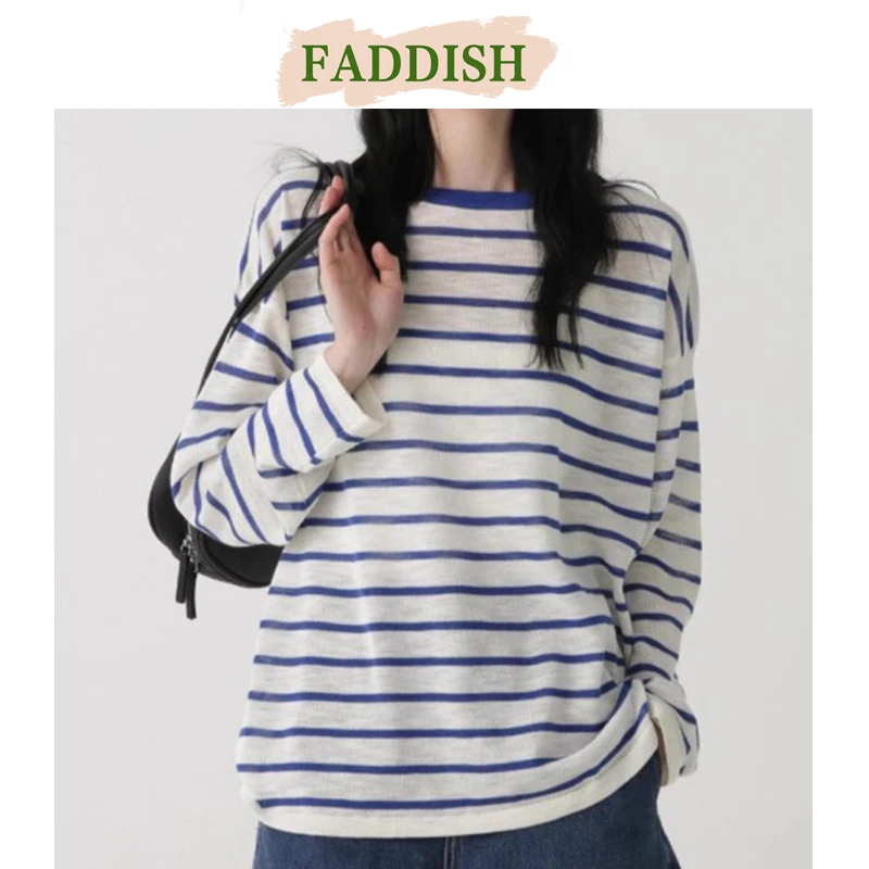 FADDISH-Women's Round Collar Stripes T-Shirt, Female Casual Long Sleeve Pullover, Loose Top Tee, Spring and Summer Fashion, 2025