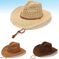 New Handmade Weaving Western Cowboy Straw Hat with Hollow Breathable Sunshade cap for Outdoor Beach Travel