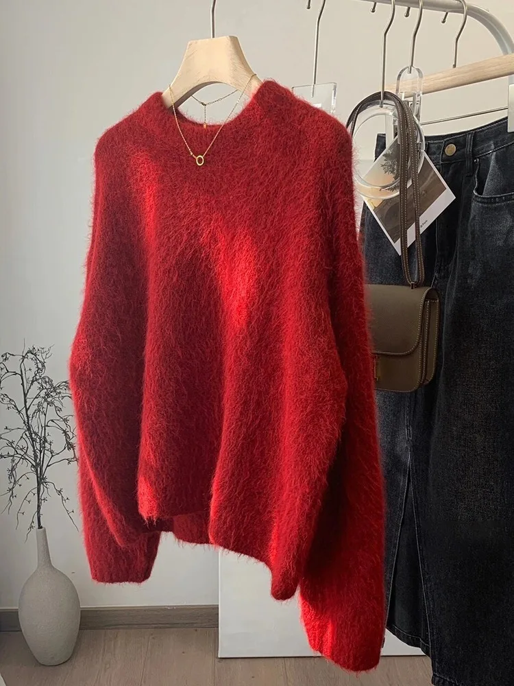 

High End Durable Not Tacky~Christmas And New Year Red Faux Mink Fur Sweater, Women's Plush Knitted Top, Base Sweater