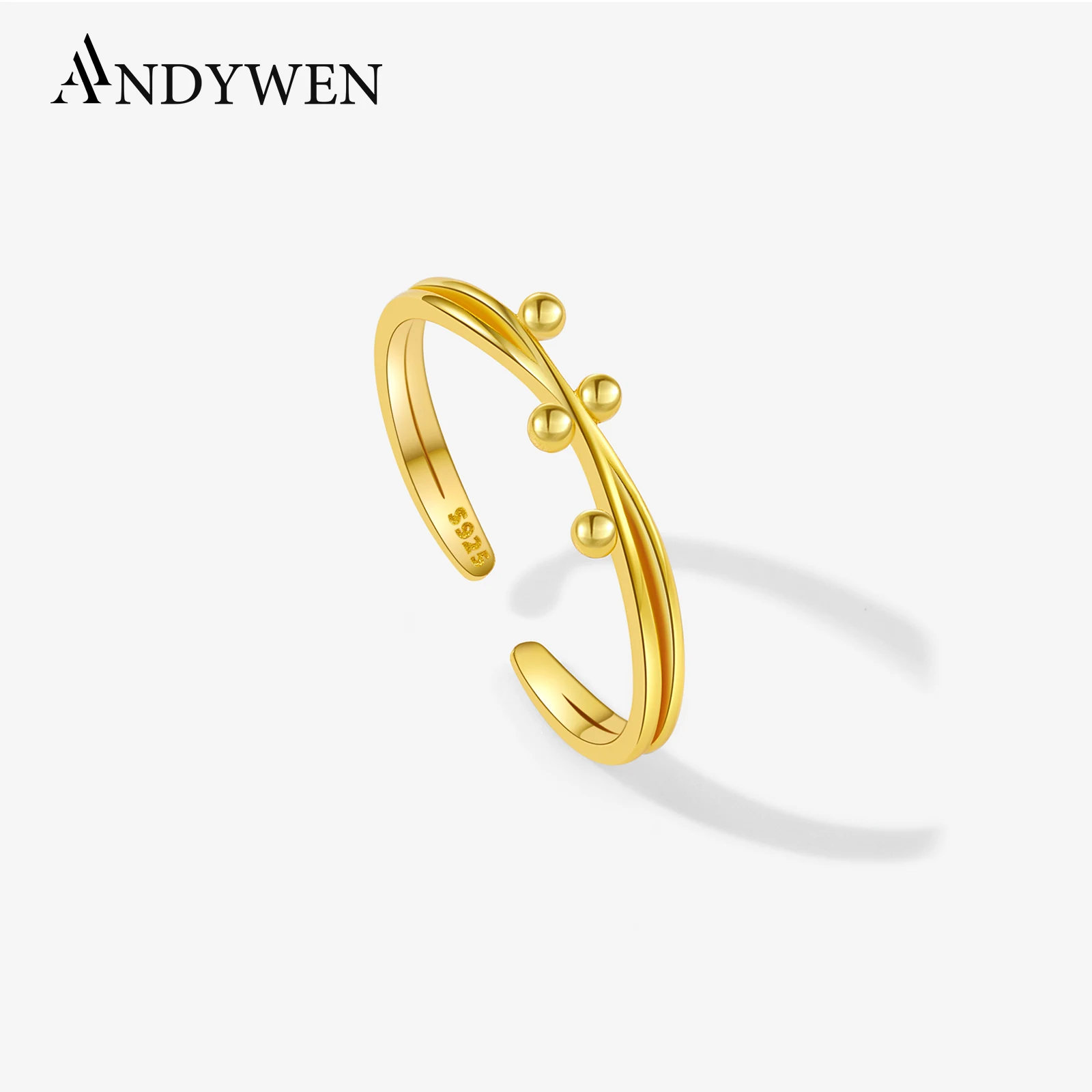 ANDYWEN 925 Sterling Silver Gold Bead Asymmetric Adjustable Open Ring Regular Slim Luxury Simple Women Wedding Jewelry Gift