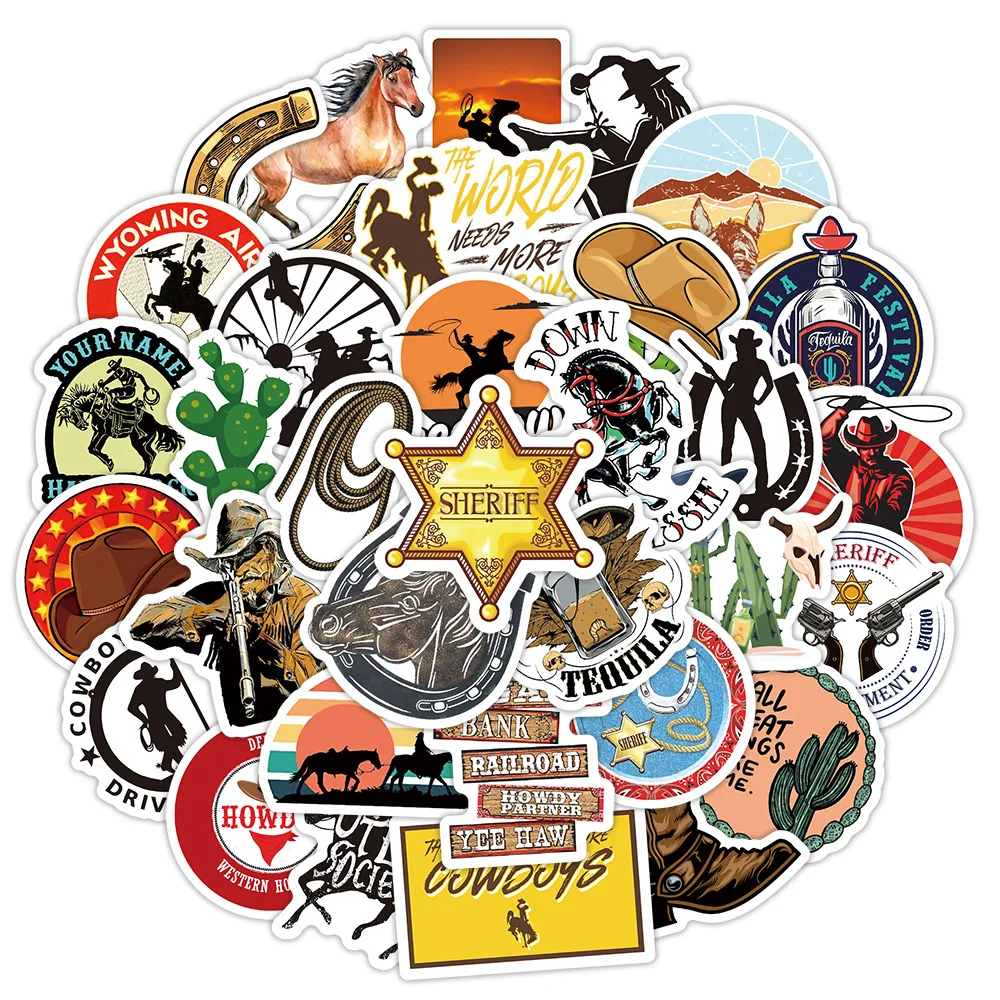 50 Stück Neue Western Cowboy Graffiti Klassische Aufkleber Skateboard Laptop Gepäck Handyhülle Motorrad Fahrrad Coole Wasserfeste Aufkleber