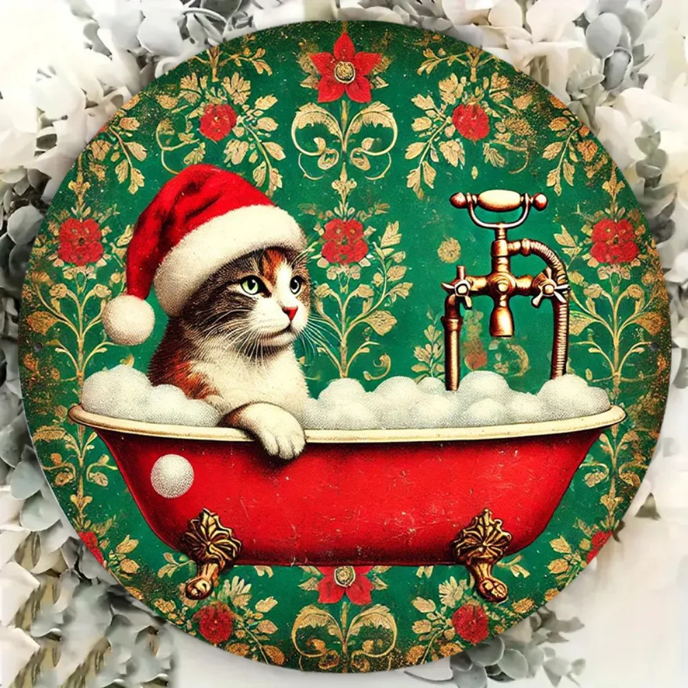 Vintage Weihnachtskatzen-Wandkunst – Weihnachtsmütze-Dekoration für Haus und Garten