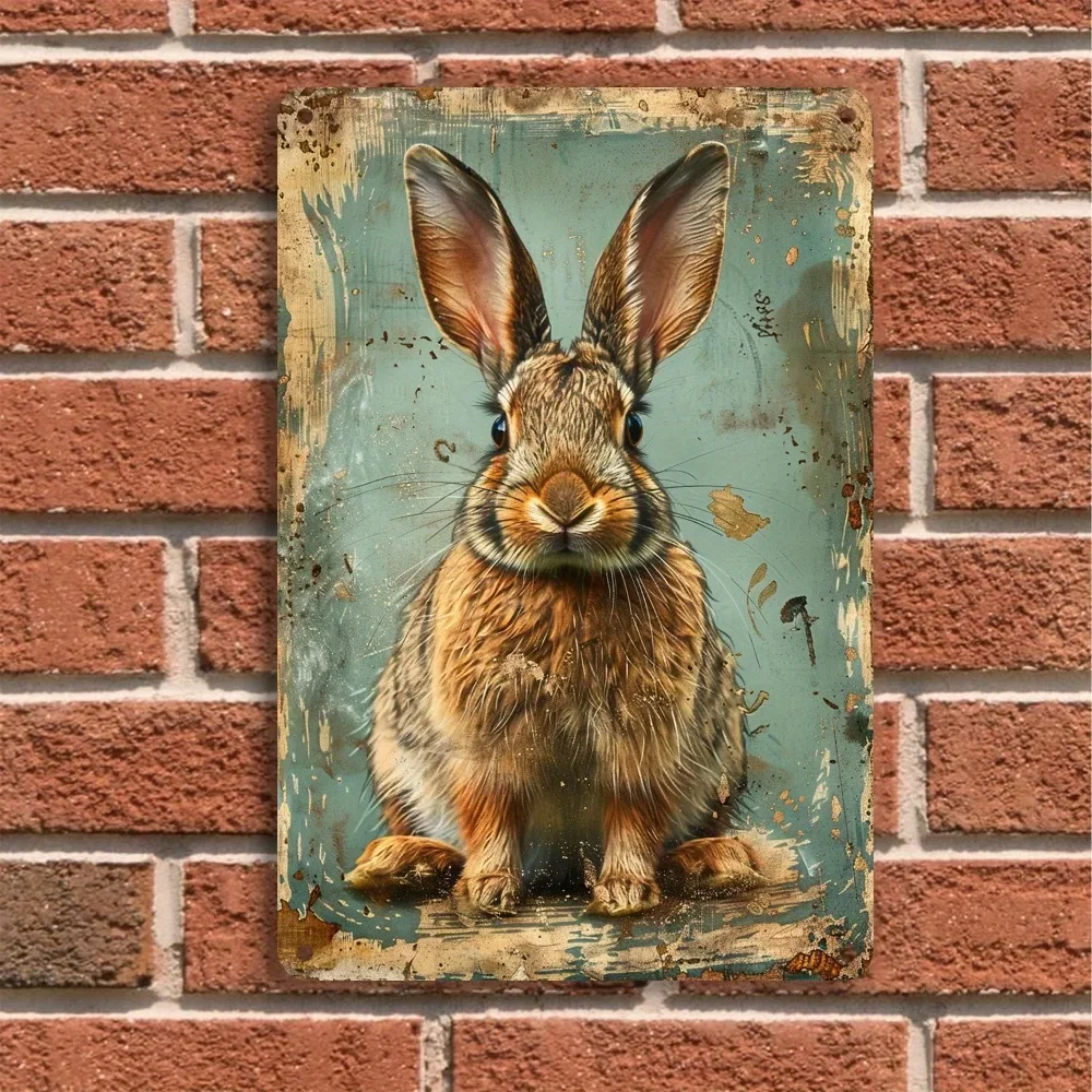 Vintage Rabbit Metal Wall Art – Rustic Brown Bunny Tin Sign for Home, Bar or Office, 8x12 Inch Farmhouse Animal Decor