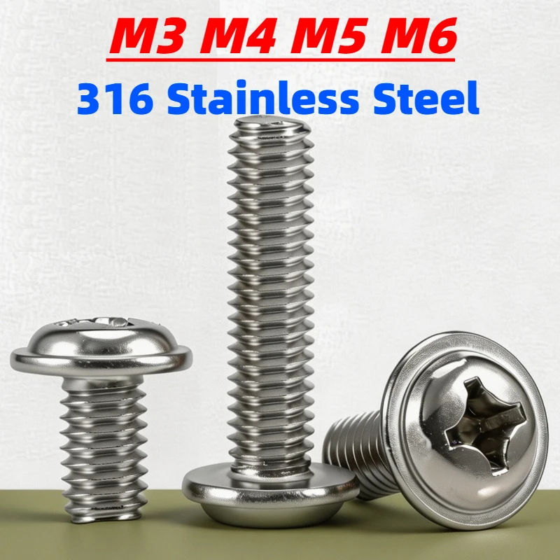 2-30pcs M3 M4 M5 M6 316 Stainless Steel Cross Phillips Pan Round Truss Head With Washer Padded Collar Screw Bolt