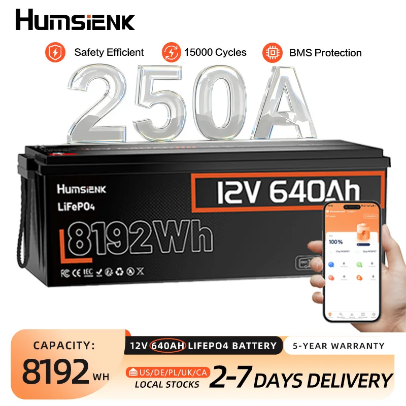 Humsienk 12V 640Ah LiFePO4 Battery 250A BMS With Bluetooth Rechargeable lithium Battery For Solar storage 5-year warranty