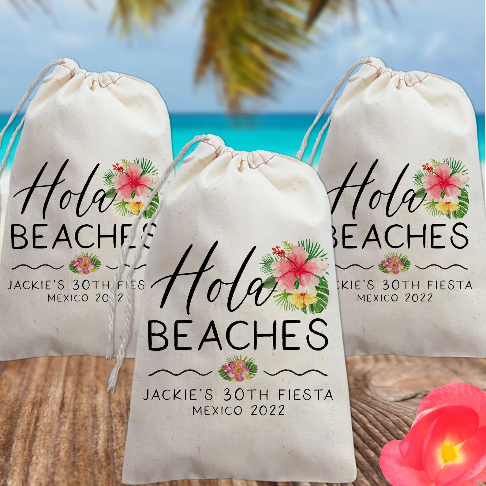 Custom 20/30/50pcs Mexico Wedding Favor Bags - Hola Beaches Fiesta Party Favors - Caribbean Wedding Welcome Bags - Mexican Bache
