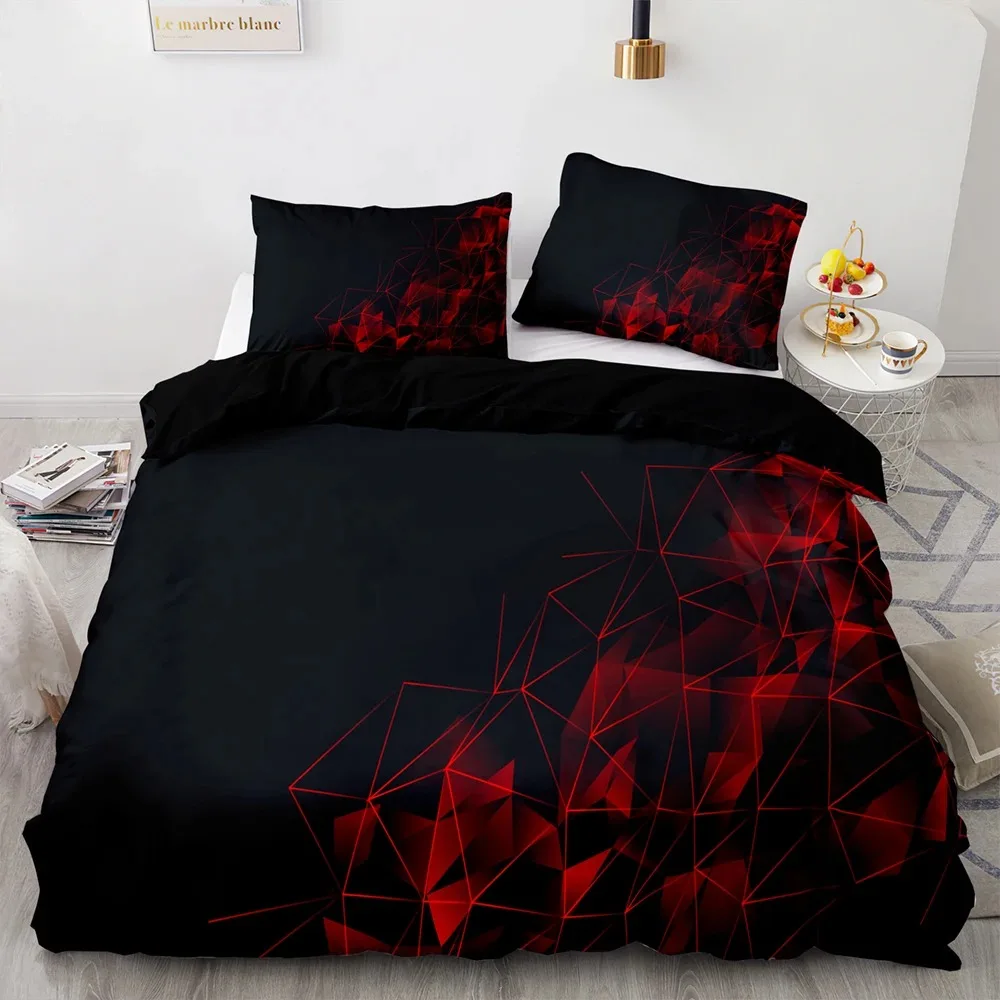 Red Glowing Polygonal Grid Pattern Bedding Set Fashion Duvet Cover Set And Pillowcase Queen Size Quilt Cover