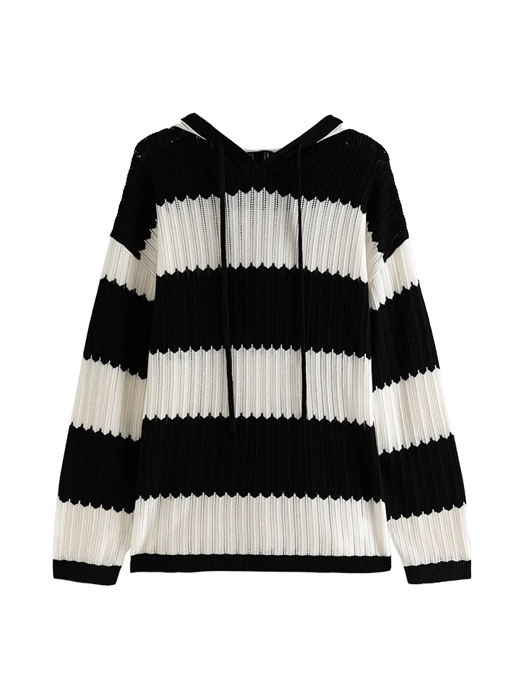 DUSHU Hooded Stripe Loose Sweater Women\'s Knitwear Autumn 2023 New Lazy Sweater Women Loose Casual Black White Sweater