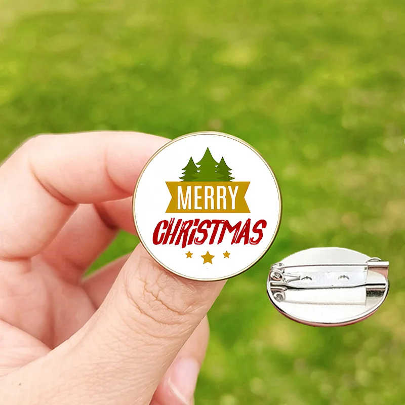 Merry Christmas Decor Pin Santa Claus Christmas Tree Cartoon Animal Glass Photo Handmade Lapel Pins Fashion Brooches Kids Gift