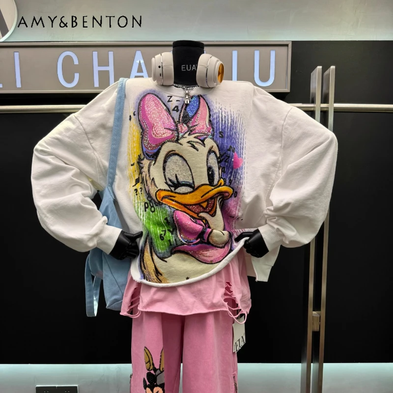 2025 Autumn New Heavy Sequin Cartoon Y2k Sweatshirt For Women's Loose Versatile Fake Two-Piece Pullover Hoodies Jacket Outerwear