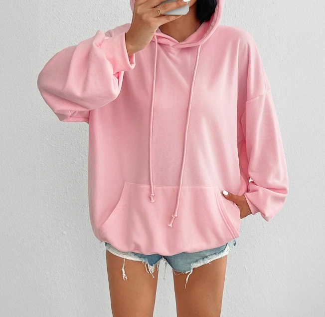 Loose Solid Color Pocket Hooded Long Sleeved Sweatshirt for Women Casual Pink Sweatshirt for Winter & Fall