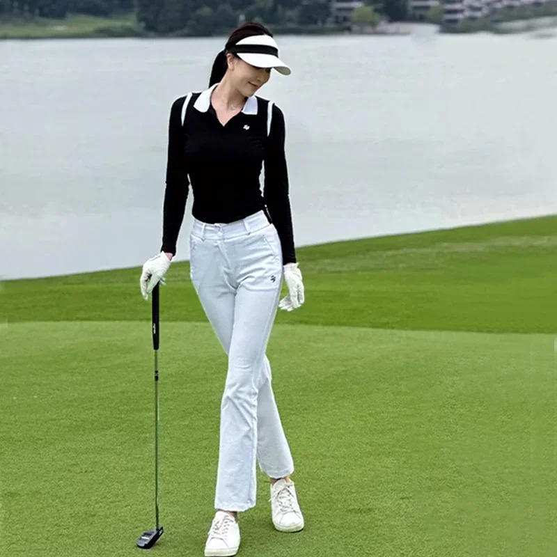 SG Golf Women Spring Ice Silk Lapel Top Breathable Thin Summer Long Sleeve Polo Shirt Female High Waist Stretch Flare Pants