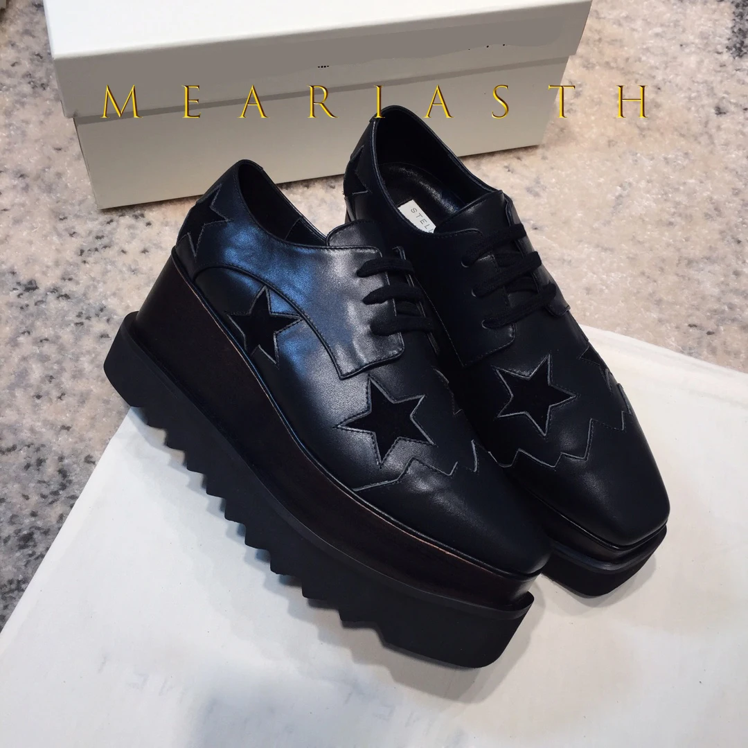 

Новые женские лоферы со звездами, кроссовки на танкетке с квадратным носком на шнуровке и толстой подошвой, увеличивающие рост, повседневная женская обувь со звездами