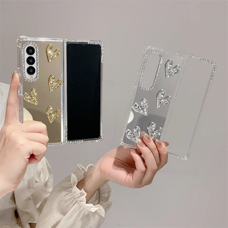 Cute 3D Plating Love Heart Phone Cover For Samsung Galaxy Z Fold 4 3 Luxury Rhinestone Makeup Mirror Soft Frame Shockproof Case