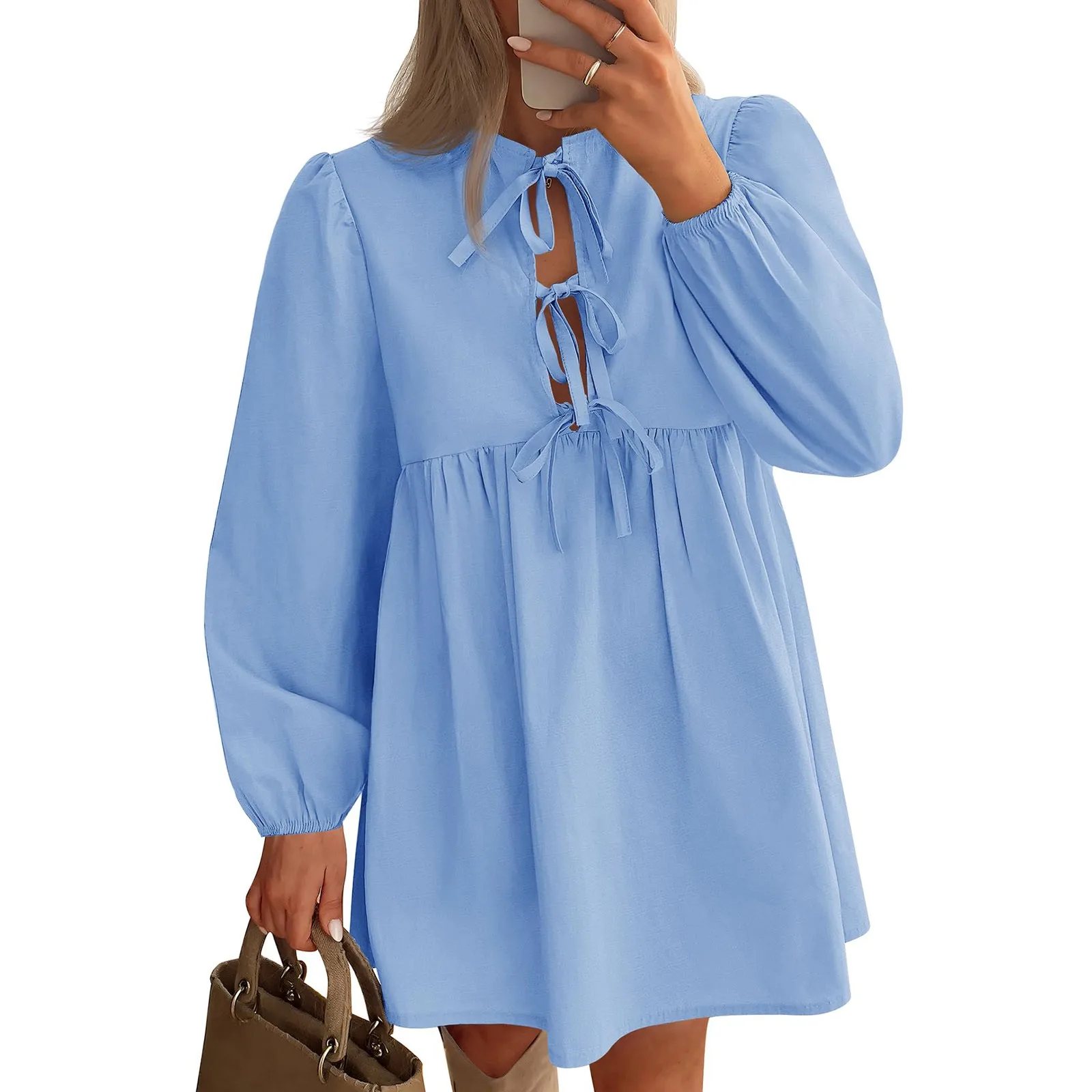 Street Lace Up Hollow Out Dress Women Elegant Puff Sleeve Loose Female Mini Dresses 2024 Summer Cotton Casual Sweet Short Robe