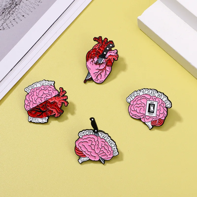 Gothic Brain Heart Organ Enamel Pin Set Funny Slogan Mental Health Metal Brooch Badge Backpack Jacket Decor Gift