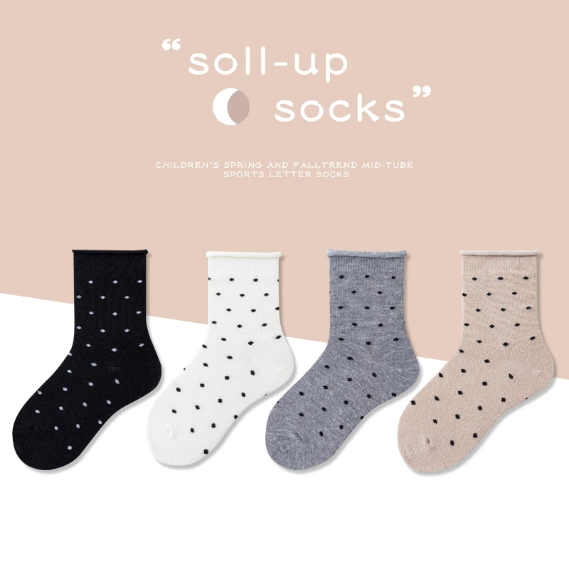 

4 Pairs polka dots Pattern Children Girls Half Socks Concise Trendy Cotton Combed Skin-friendy Cozy Soft Mid-calf Kids Socks
