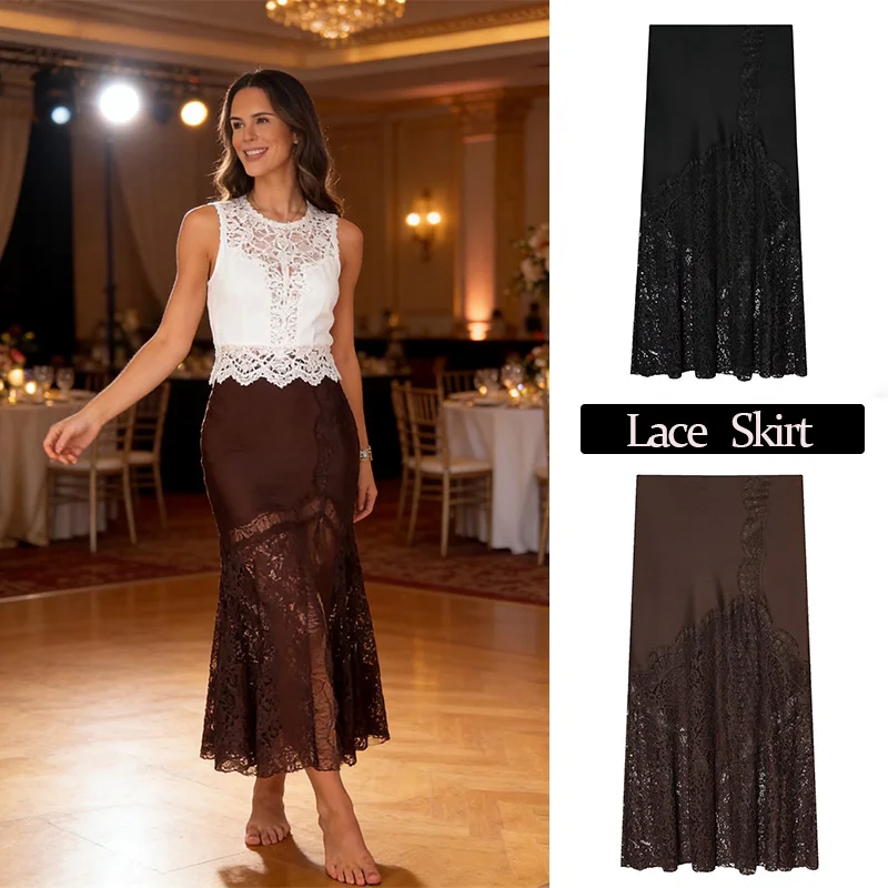 2026 Eleganter Damen-Partyrock mit hoher Taille, Spitzen-Patchwork und Schlitz – Sommerlicher, lässiger, schicker Vintage-Midirock für Damen