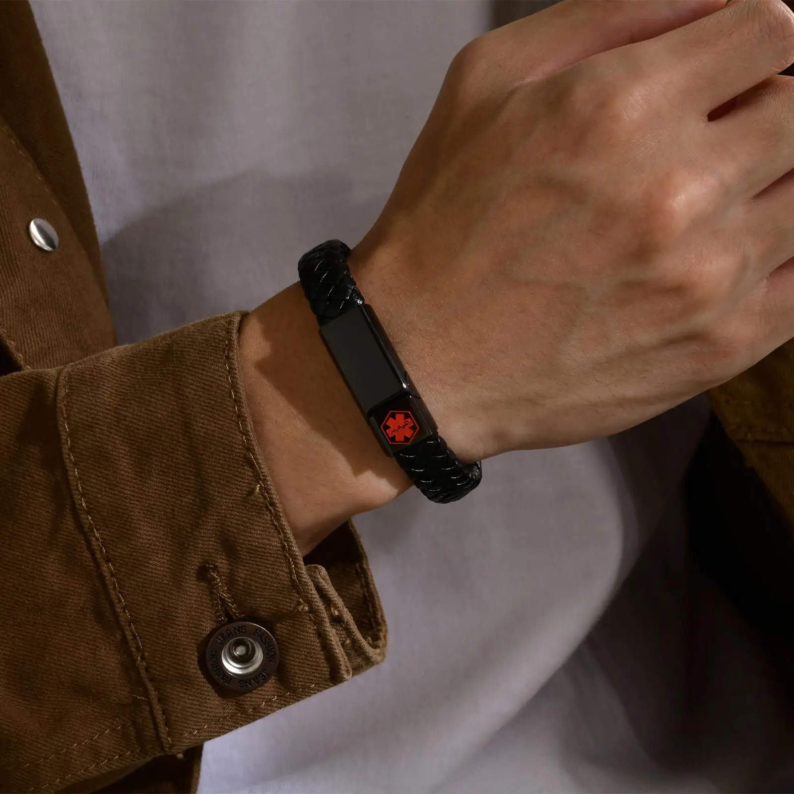 

Customized Engrave Medical Alert ID Bracelet, Stainless Steel Magnetic Buckle Woven Leather Wristband Bangle for Men