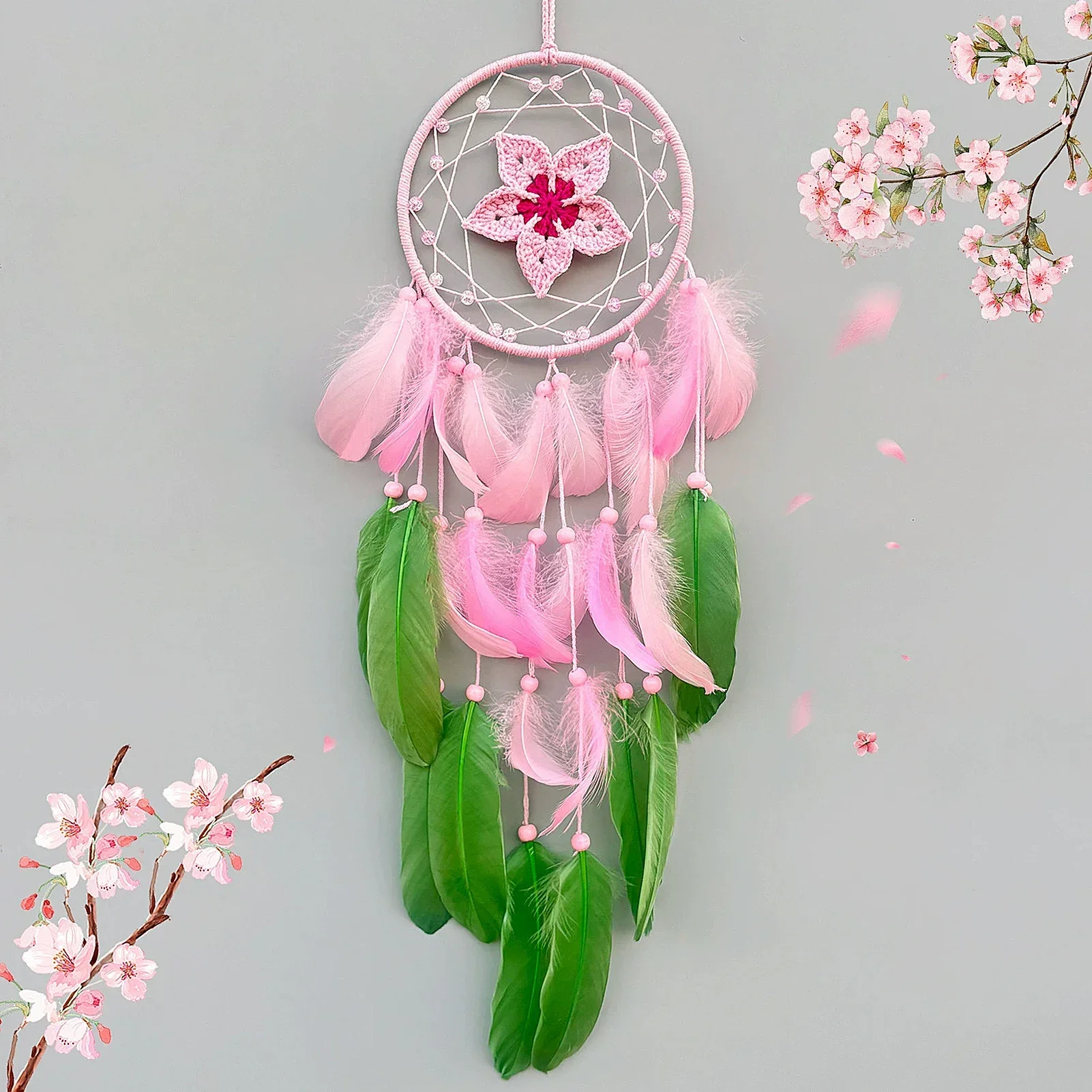 

Bohemian Handmade Dreamcatcher with Knitted Flower & Feathers, Colorful Hanging Decor for Bedroom Window Sill