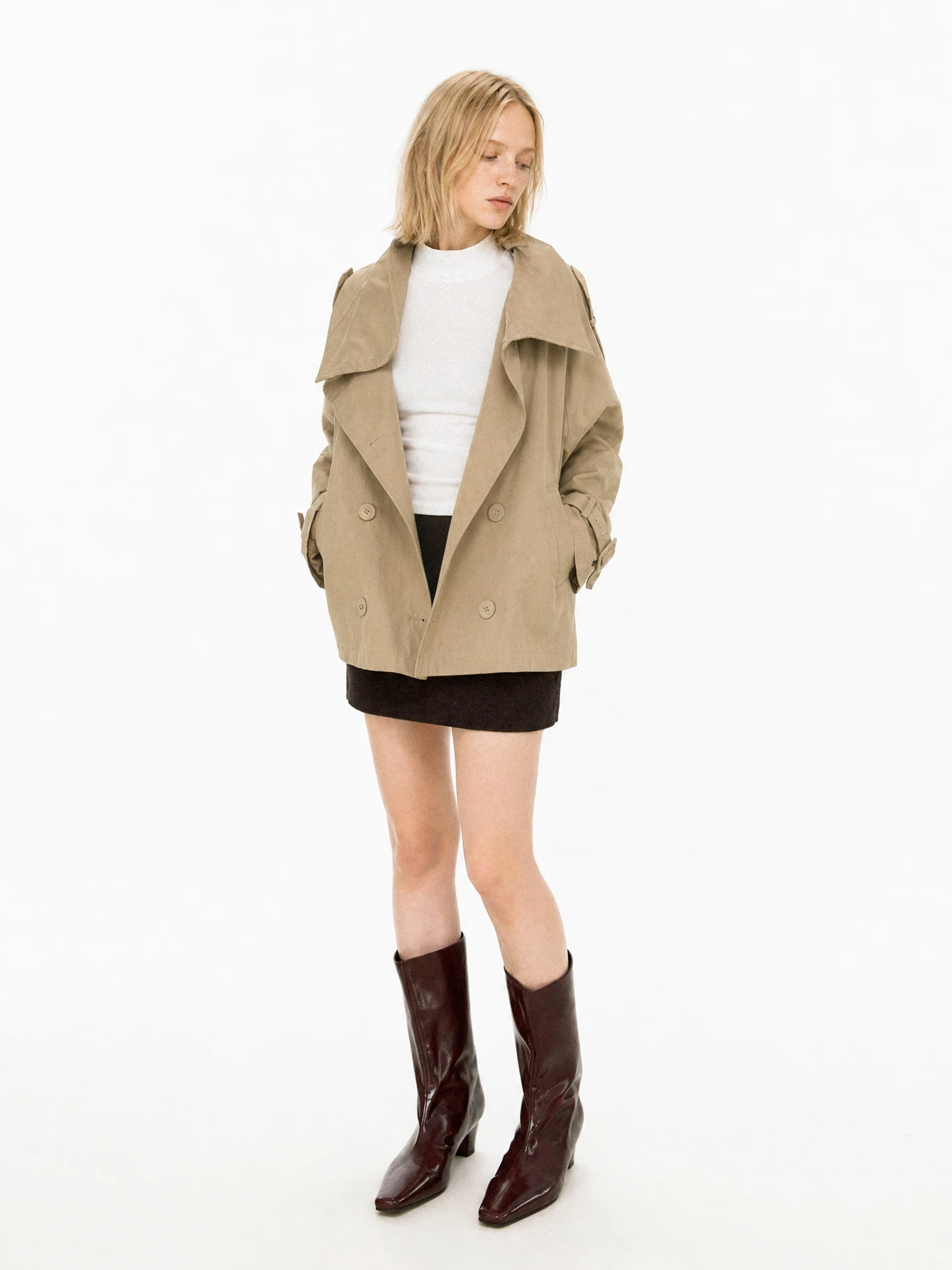 TDDP Classic Kaki Short Coat Jacket Women's Double Breasted Flip Collar Windproof Cotton Nylon Fiber Casual Autumn Outerwear